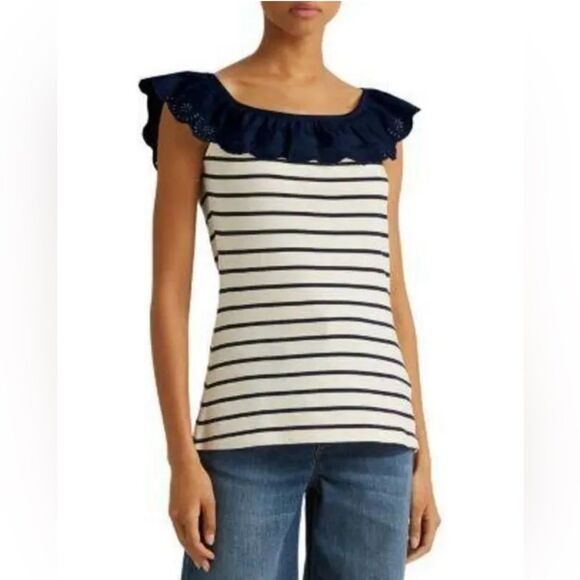 Lauren Ralph Lauren Tops - Lauren Ralph Lauren Striped Eyelet Ruffle Top, Cap Sleeve Round Neck Size XL NWT